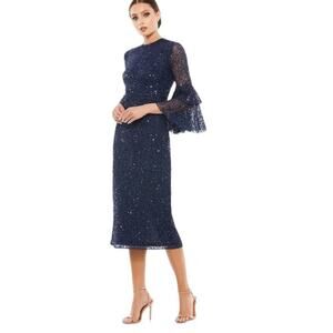 Mac Duggal Fully Sequined Ruffle Tiered 3/4 Sleeve Midi Dress Blue 10802 6 NWT